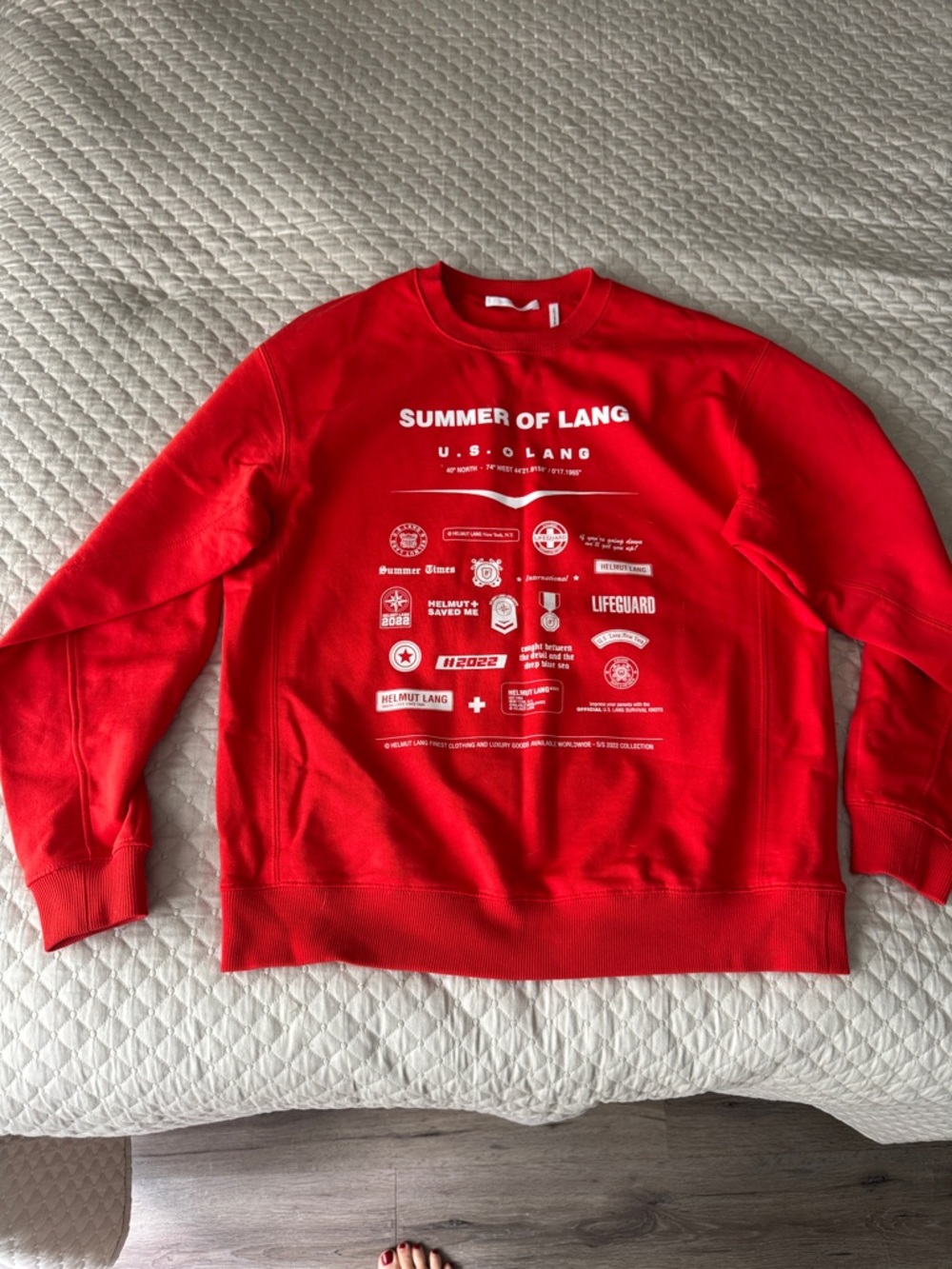 Helmut Lang Red Crewneck Sweatshirt with White Graphic Print
